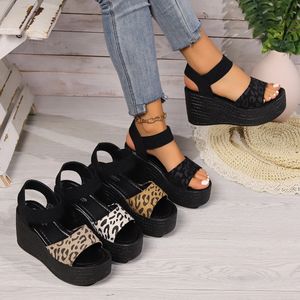 Frauen Keil High Heel Peep Zehen Sandalen Leopardenplattform Sandalen Damen Dicke Einzelsommerschuhe Espadrilles Zapatillas Mujer 240415