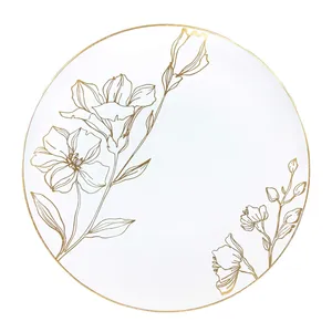 Płytki PlasticPro White Plastic Floral Design Party z złotą obręczą Premium Eleganckie dania do użycia stolików (120