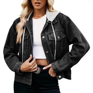 Women's Jackets Denim Women Hooded Short Style Clothing Retro Topcoat Pocket Buttons Long Sleeve Loose Fitting Jean Fall Spring