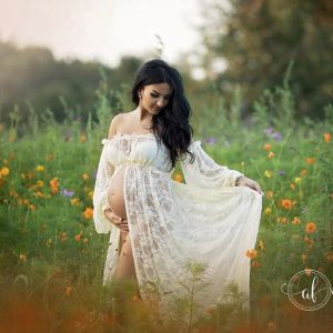 Dresses Maternity Photography Maxi Dresses Off Shoulder Mesh Lace Maternity Photoshoot Gown with Long Bell Sleeves Pregnancy Shooting