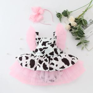 One-Pieces Baby Girls Strampler Kleid Kuhdrucken Tüll Kleidung Neugeborene ärmellose Tutu Kleider Haar Band Stirnband Outfits Set Kostüme