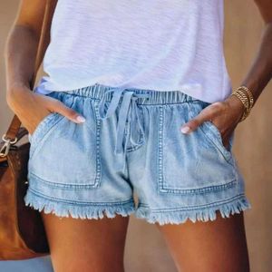 Kvinnors jeans rippade denimshorts för kvinnor 2024 Sommarn ny smal elastisk tät hög midja rak manschetterad a-line heta byxor shorts 240423