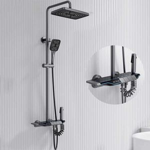 Bathroom Shower Sets Shower System Set Piano key Ambient Light Full Copper Thermostat Digital Display Shower Set Gunmetal Gray Modern Showers faucet T240422