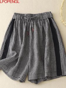 Kvinnors shorts 2024 Summer Vintage Cotton Plaid A-line Elastic midja spetsar Löst split breda benbyxor