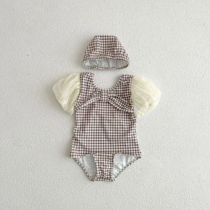 Milancel de roupas de banho de verão New Girls Swimming Wear Plaid Skinny Beach One peça Manga de renda Baby Swimming Suit