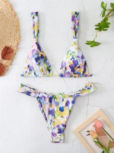 Kvinnors badkläder Micro Bikinis 2024 Baddräkt Kvinnor Hög midja thong Tvådelar Bikini Set Print Push Up Bathing Summer Beach L L L