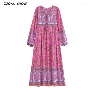 Casual Dresses 2024 Boho Rose Pink Flower Print Bow Nacing Up V Collar Long Straight Dress Woman Viscose Cotton Full Sleeve Maxi Robe