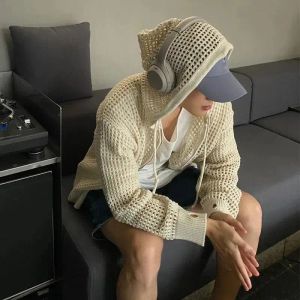 Jackets Fashion Hollow Hooded Knitwear Sweater Boys Spring Autumn Korean Style Loose Casual Zipper Sweater Jacket Cardigan Men Clothes