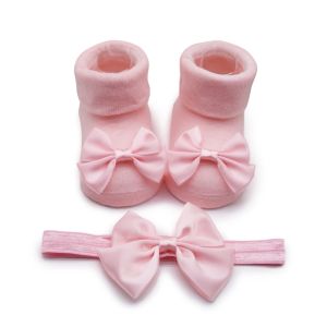 Wärmer 01 Jahre alte Babysocken für Mädchen Baumwollnetz niedliche Bogen Neugeborene Kleinkind Jungen Socken Babykleidung Accessoires+Haarband