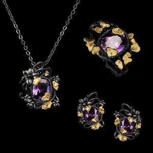 Halskettenschmuck Set für Frauen kreative Blumenring Halskette Ohrringe Purpur Zirkon schwarz Gold Dreie -Set -Schmucksets für Frauen