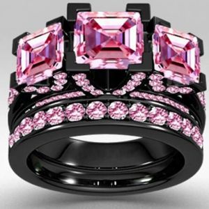 Luxury Princess Cut 6ct Pink Sapphrie Ring Set Black Gold 925 Sterling Silver Engagement Wedding Band Rings for Women Men