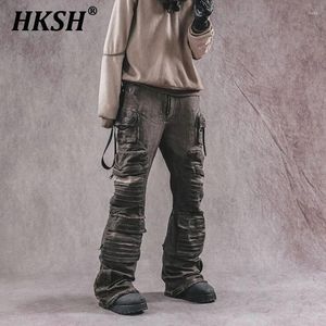Herrenhosen HKSH Punk Heavy Industry 3D Patchwork Taschen geschichtet Retro Overalls Waschen weit beiniger Flared Waste Land HK0811
