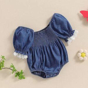 Tonpers kız bebek yaz denim romper mavi kısa puflu manşon dantel trim kare boyun üstleri