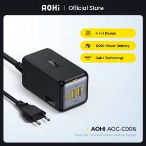 Chargers AOHI Magcube 120W GaN Charger Fast Charging Desktop Charger Station with Multi USB Quick Charge for iPhone 14 13 Pro Max Laptop