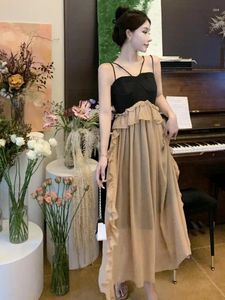 Casual Dresses Summer Black Patchwork Ruffles Slip Long Dress Women Vintage Elegant Slim Fashion Sexy High Waist Birthday Party Sundress