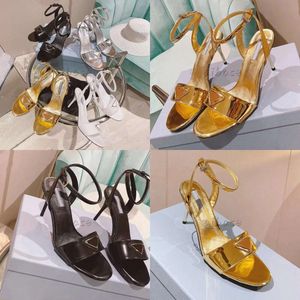 High Designer Heeled Sandals for Womens Triangular Buckle Decorate Ladies Dress Shoes Top Quality Genuine Leather Metal Heels Sexy Women Stiletto Sandal