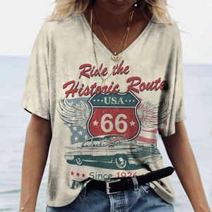 Kvinnors t-shirt Hot US Route 66 Mönster 3D Print Womens V-ringning T-shirts Casual Lady Kort ärm överdimensionerade Pullover Fashion Tops Women kläder 240423