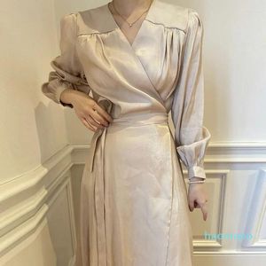 Casual Dresses Slim Waist Lace Up Dress Women V-neck Puff Sleeve Solid Color Female