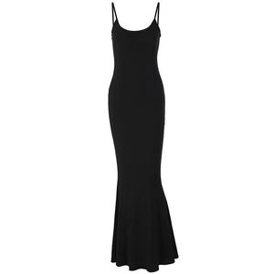Grundläggande avslappnade klänningar Designer 2023 Summer Spaghetti Strap Black Long Dress Women Sleeveless Solid Skinny Bodycon Trumpet Maxi Sexig Vestidos Samma stycke