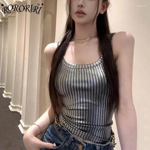 Kvinnors tankar Rororiri Grunge Y2K Silver Striped Camisole Women Metallic Stretch Crop Tank Top Scoop Neck Sleeveless Vest Harajuku