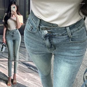 Women's Jeans Iyundo Korean Fashion Slim Denim Pants Sweet High Waist Buttons X Shape Women Elastic Female