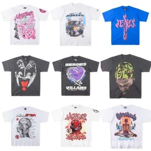 Herr t-shirts trendiga amerikanska hellstar brev porträtt affisch crack graffiti casual mens and womens lossa kort ärm t-shirt