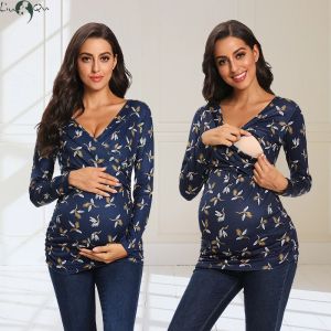 Dresses Womens Maternity Nursing Shirt Long Sleeve Vneck Cross Floral Breastfeeding Pregnancy Tops Maternity Fit Flattering Top