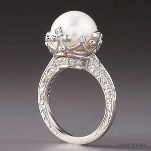 Wedding Rings Unique Design Big Round Imitation Pearl Setting Rings for Women Engagement Wedding Party Fashion Female Ring Hot Jewelry