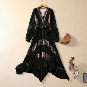 416 XXL 2024 Milan Runway Dress SPring Summer Long Sleeve V Neck Lace Long Skirt Womens Dress Fashion High Quality SH