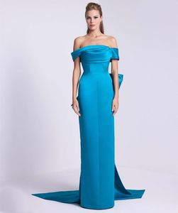 Elegante lange blaue Satin -Abendkleider mit Bogen Meerjungfrau vor Schulter plisdern