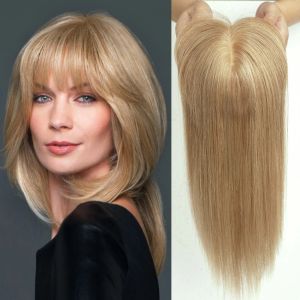 トッパー100％レミーヒューマンヘアトッパーと前髪の蜂蜜ブロンド人間のヘアピースシルクベースクリップトッパートップヘア10/12/14インチ