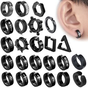 Brincos 2Pieces Punk Titanium Steel Ear Brincos para homens Padrão de impressão Black sem perfuramento Círculo de orelha falsa nova jóias pop