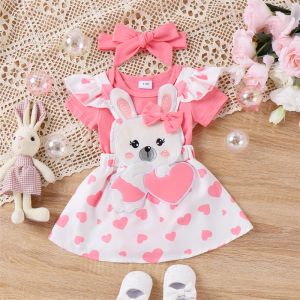 Set Ewodos Baby Girl 3 Piece Easter Set Short Sleeve Romper Rabbit Patch Heart Print Suspender kjol 3d Bow pannband Spädbarnsdräkt