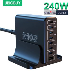 Chargers Ubigbuy 240W USB C Ladestation, 8 Ports Gan Desktop -Ladegerät, 100W USBC -Laptop -Adapter für MacBook Pro/Air iPhone Samsung