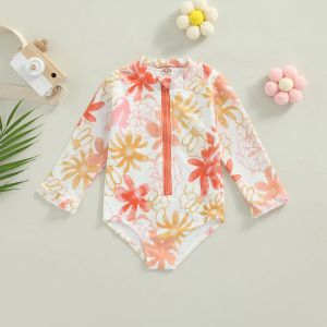 Roupas de banho mababy 15y criança criança infantil garotas roupas de banho com manga longa com zíper floral maiô de traje de praia de traje de praia