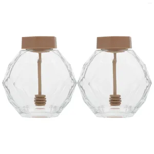 Storage Bottles Glass Honey Jar With Dipper: 2pcs Clear Pot Wood Lid Small Container Dispenser For Home Kitchen