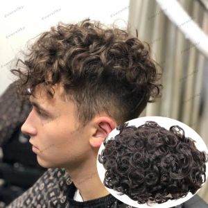 TOUPEEES MEDIUN BROWN 26mm curly Human HairMen Toupee Full Skin Pu Base Men HairPeacesシステムプロテーゼキャピラリーナチュラルヘアライン