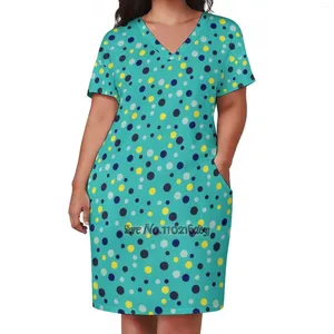 Abiti casual casual blu giallo blu e menta pois pozzi a v-tore gonna a maniche corte sottili gonne sciolte abiti di moda elegante 5xl dot 5xl