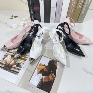 7.5 cm Heels Prad Sandals Summer Romantic Elegant Triangle Brushed Leather Shoes For Women Slingback Pumps Luxury Footwear Women High Heels Party Wedding Dress Shoe