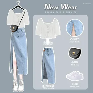 Work Dresses Women Two-piece Bubble Sleeve Collection Waist Top Split Denim Skirt Gentle And Fashionable Pullover