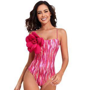 Women Swimsuit One Piece Bathing Suit Pink Stripes Print Monokini Spaghetti Strap Swimwear with Flower Applique