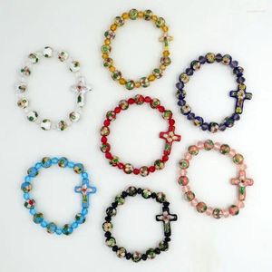 Strand Cloisonne Rosário Bracelets de lateral pingente cruzado Crystal Rhinestone esmalte a pulseira religiosa feita à mão