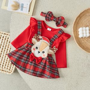 Defesa Suefunskry Infant Baby Girl Christmas 3pcs Roupa de manga comprida Roda de manga longa Aline Elk Bordery Skirt Skirt Bow Head Band Band