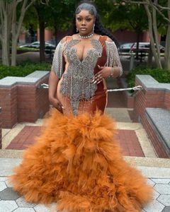 Brown Sparkly Plus Size Prom Ceremony Dresses For Black Girl Luxury Diamond Tassel Ruffles Kjol Evening Födelsedag Gala klänning 2024