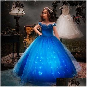 Mädchenkleider Uporpor Aschenputtel Prinzessin LED Light -up Kleid für Weihnachtsgeburtstagsfeier Cosplay Girl Come Kids Fancy Blue Ball Gown OT8WI