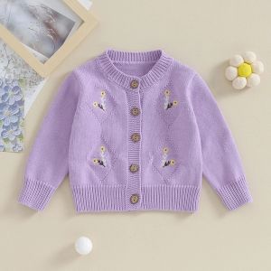 Tröjor baby flickor stickad cardigan blomma broderi besättning hals stickad virkning knapp tröja kappa söta hösten vinterjacka varma kläder