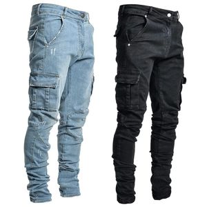 Gata elastiska jeans män denim lastbyxor tvättar fast färg multi fickor avslappnad mitt midja byxor smala fit dagliga slitagare 240415