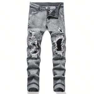 Мужчины эластичные джинсовые джинсы уличная одежда разрывает лоскутные отверстия, разорванные эластичными талией повседневные брюки Слим подходит прямые брюки 240417