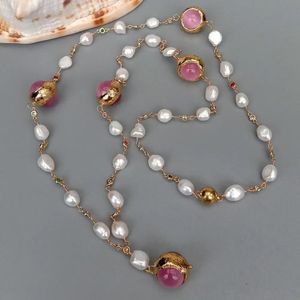 Yygem Freshwater White Baroque Pearl CZ Pave Chain Pink Cat Eye Long Seater Chain Necklace 34 Lap Handmade for Women 240414