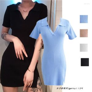 Abiti casual Ins American Blogger Style Fashion Style Pure Color Slip Stretch College Collar Collar Collar Abito a manica corta Hip Short